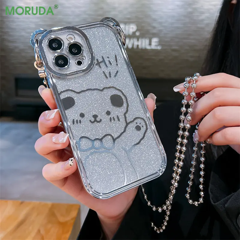 

For iPhone 14 13 12 11 Pro Xs Max X XR 7 8 14 Pro Plus Cute Ear Case Fashion Crossbody Hanging Chain Cartoon Bear Plating Cover