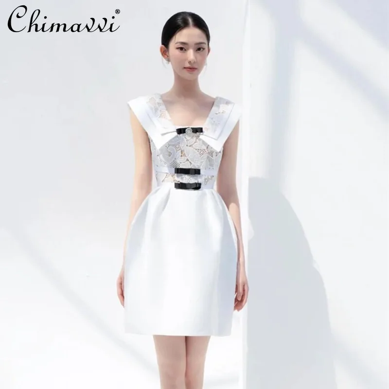 

Women's 2022 New Fashion Western Style Sleeveless Slim Waist White Dress Ladies Elegant Simple Lace Solid Color Above Knee Dress