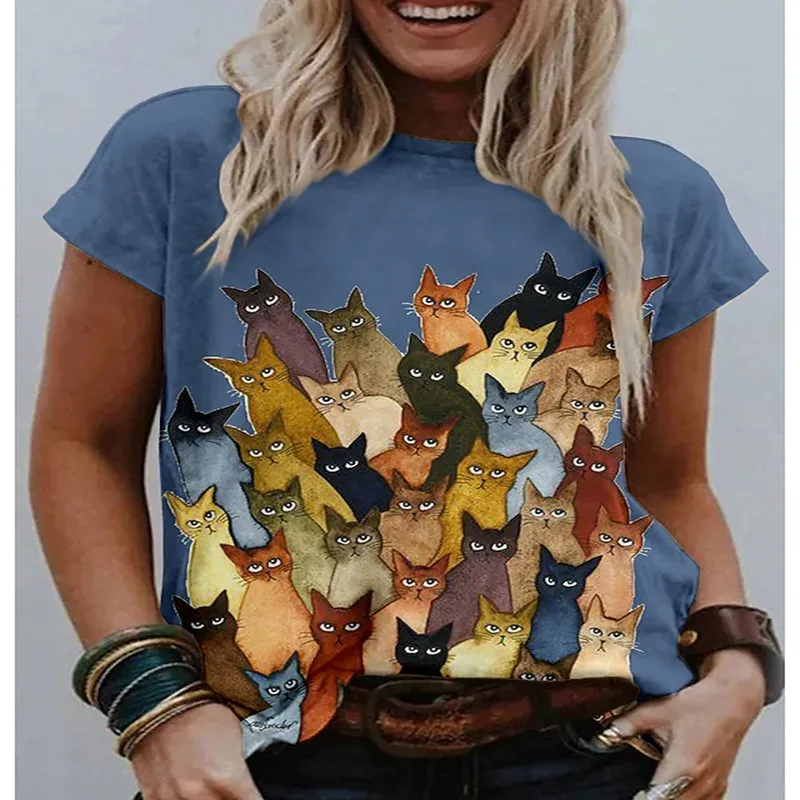 

Новая весенне-летняя 3D фотография кошки для женщин 3D Рисунок кошки с круглым вырезом Базовая версия ретро с коротким рукавом