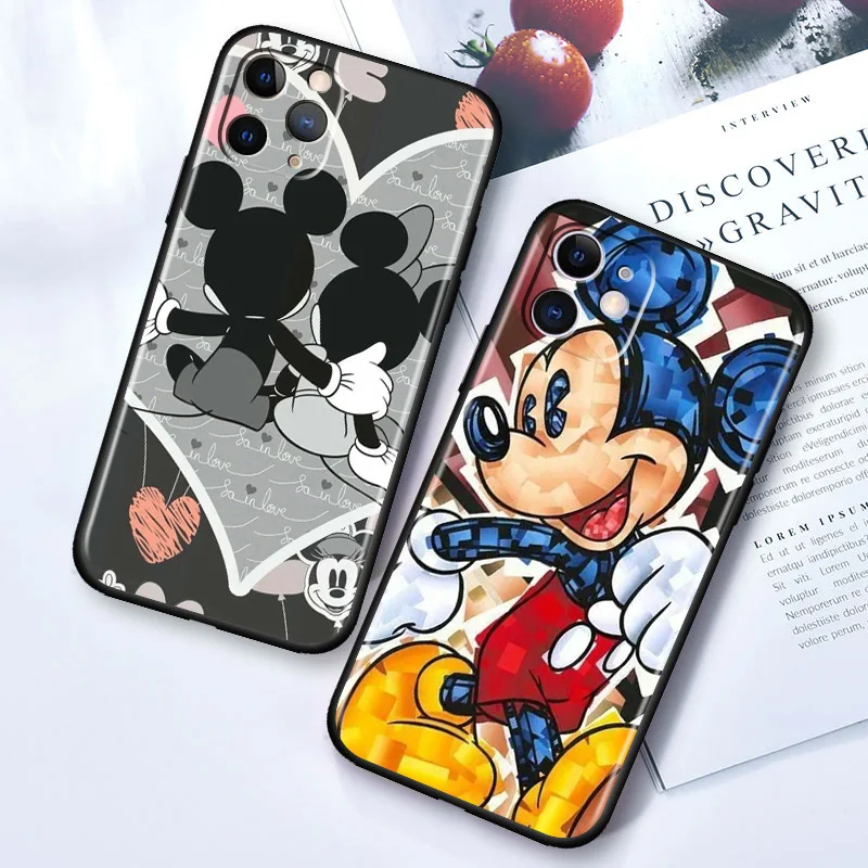

Cute Disney Mickey For iPhone 14 13 12 11 Pro Max Mini XS Max X XR 7 8 Plus 6 Plus Silicone Black Shell Phone Case