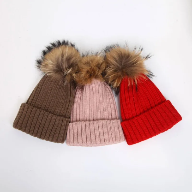 

Autumn Winter Warm Striped Women's Hat Windproof Solid Color Acrylic Knitted Hat Plush Ball Beanies for Women Female Head Cap