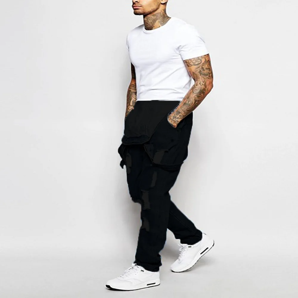 Fashionable Men Suspender Denim Jumpsuit Ripped Jeans Streetwear Male Pants Spring and Autumn Full Length Bibs