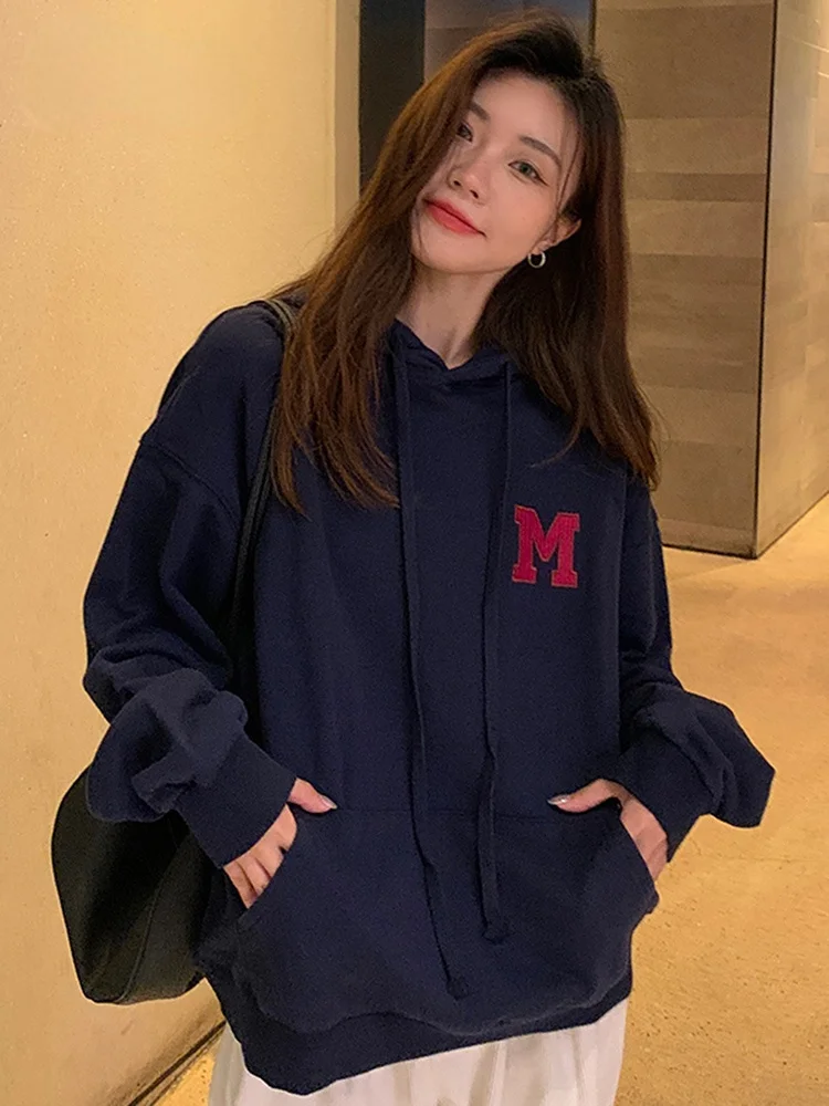 

Корейские толстовки с вышитыми буквами, женская уличная одежда, двухслойная толстовка с капюшоном, тонкие пуловеры большого размера, женская осенняя одежда