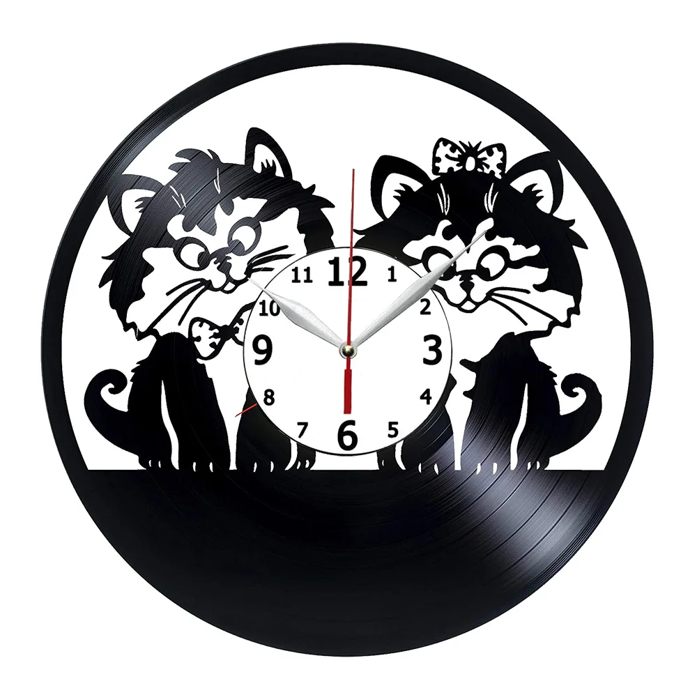 

Cats in Love Wall Clock 2 Cats Lover Kitty Vinyl Record Art Clock Animals in Love Cats and Fishbone Decorative Wall Clock