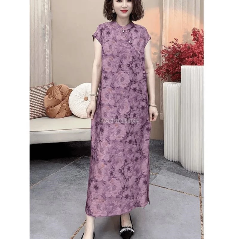 Женское платье-Ципао с цветочным принтом свободное повседневное длинное платье