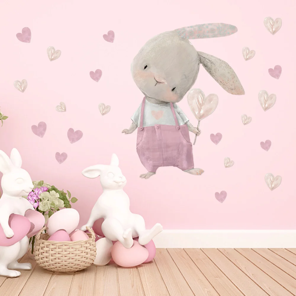 

Self-adhesive Wall Stickers Cartoon Bunny Wallpaper Colorful Hearts Stickers Art Poster DIY Decals for Home Decorations Supplies
