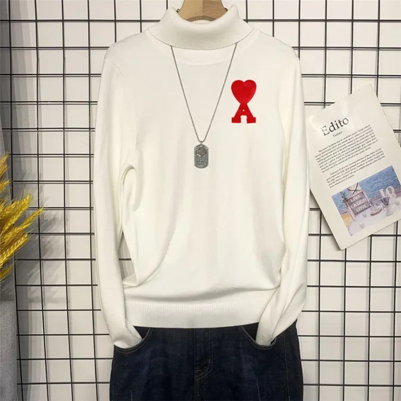 

Women Men Ami Turtleneck Sweater 2022 Winter Fashion Simple Love Jumper Harajuku Lapel Sweater Oversize Couples O-neck Pullover