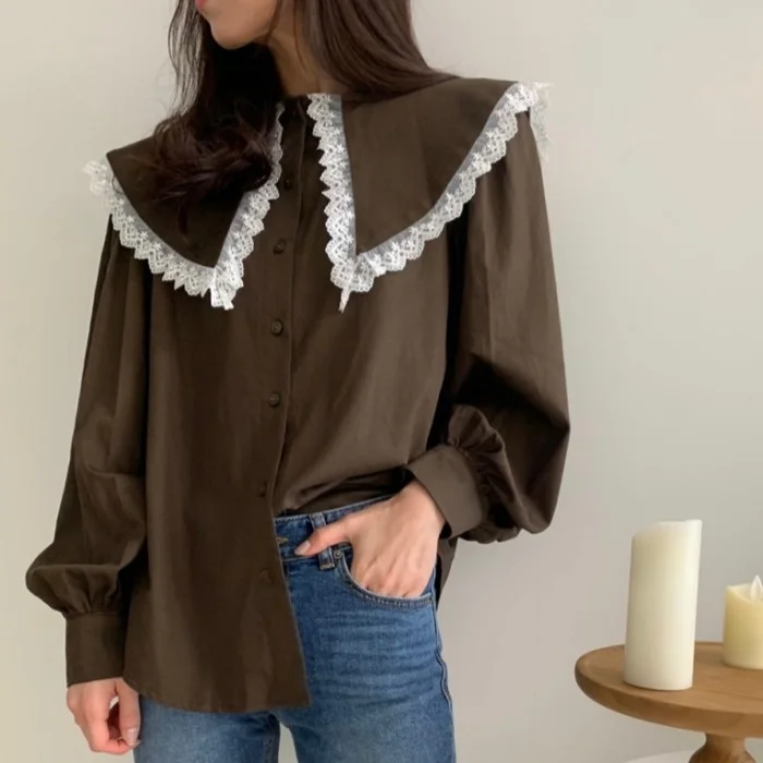 Женская блузка Корейская Шикарная новая свободная кружевная рубашка с кукольным