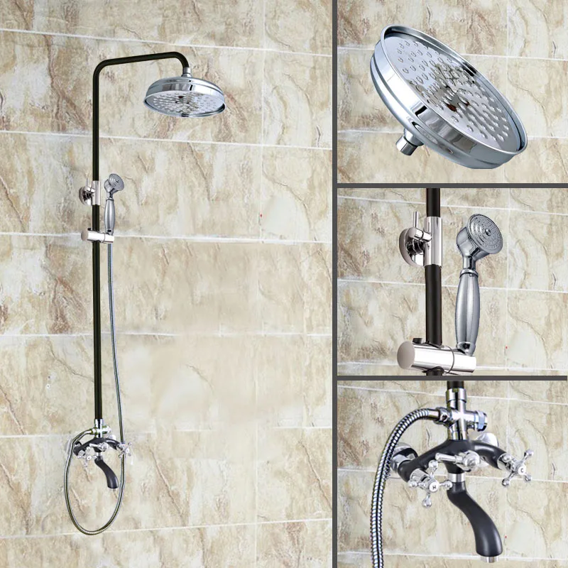 

Black Oil Rubbed Bronze Chrome Wall Mounted Bathroom Dual Handles 8" Inch Rain Shower Head Faucet Set Bathtub Mixer Tap ahg702