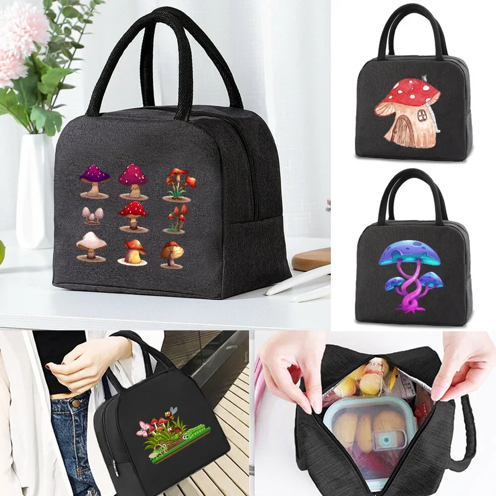 

Lunch Cooler Bag Kids Food Insulated Thermal Bags Lunch Pouch Women Picnic Packet Organizer Mushroom Print Zipper Canvas Handbag