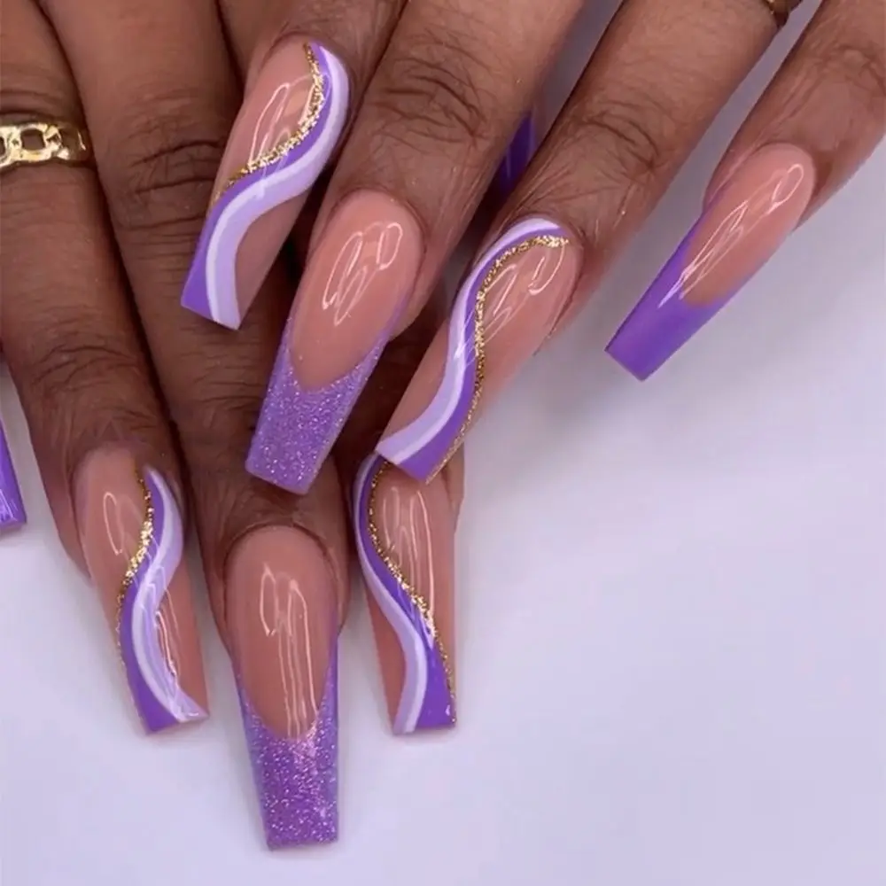 

24Pcs Press On Nails Purple Wave Line French Glossy Glitter Fake Nails Long Coffin Ballet False Finger Wear Nail Art Tips