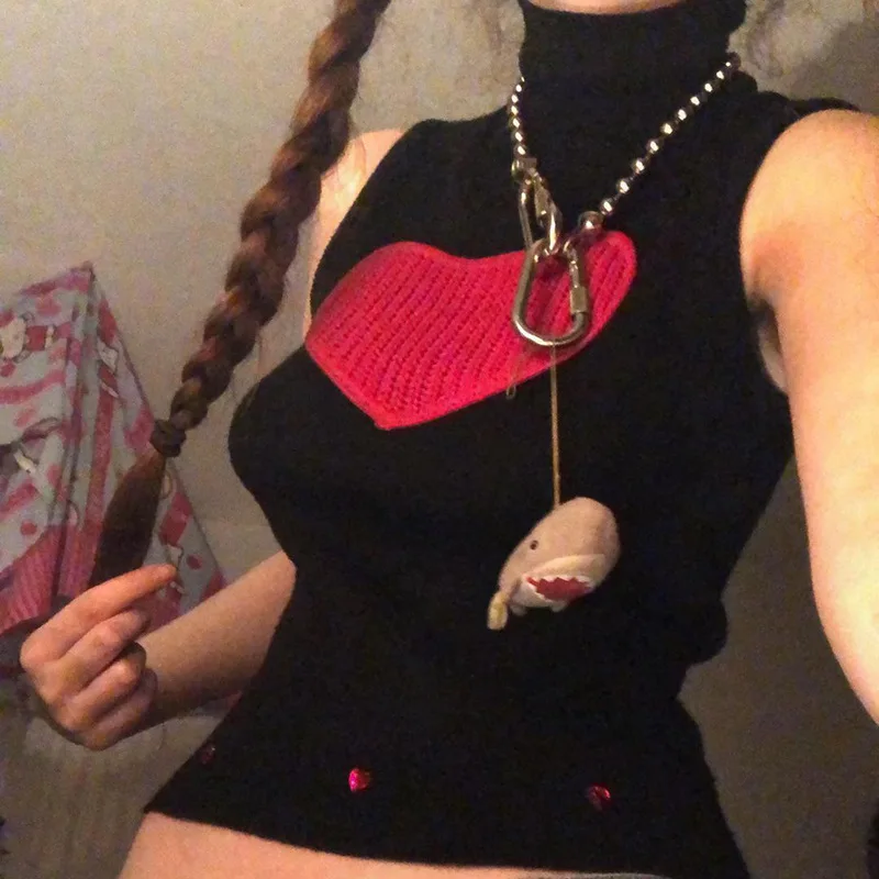 

Sleeveless Turtleneck Knitted T-Shirt Women'S Slim Vintage Rhinestone Fashion Girls Academia Tops Autumn Gothic Pullover