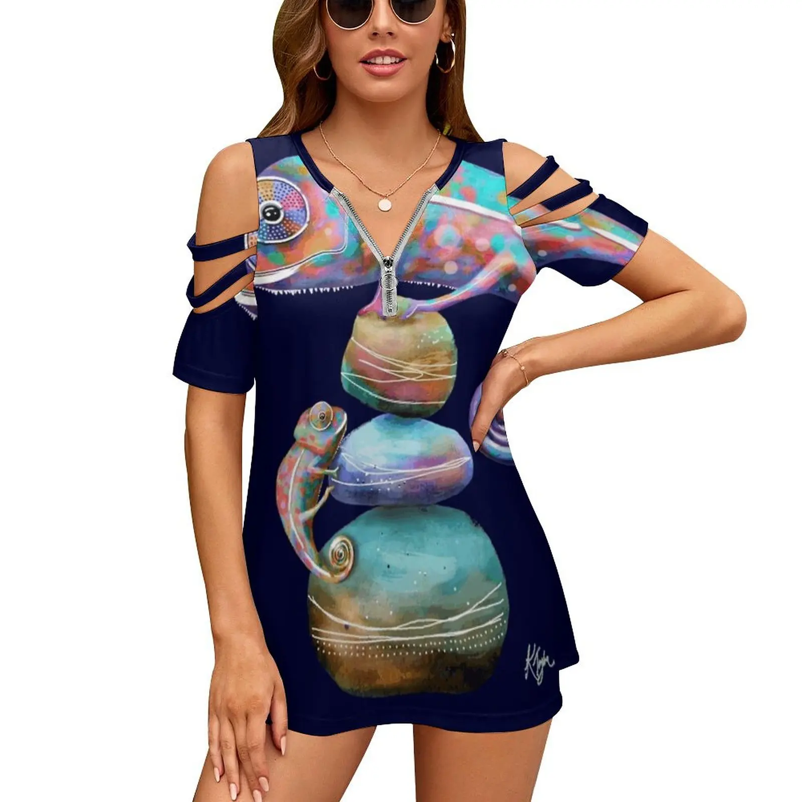 

Chameleons Women'S T-Shirt Summer Fashion Print Floral V-Neck Zipper Tshirt Hollow Pullover Ladies Top Chameleon Hat Chameleon