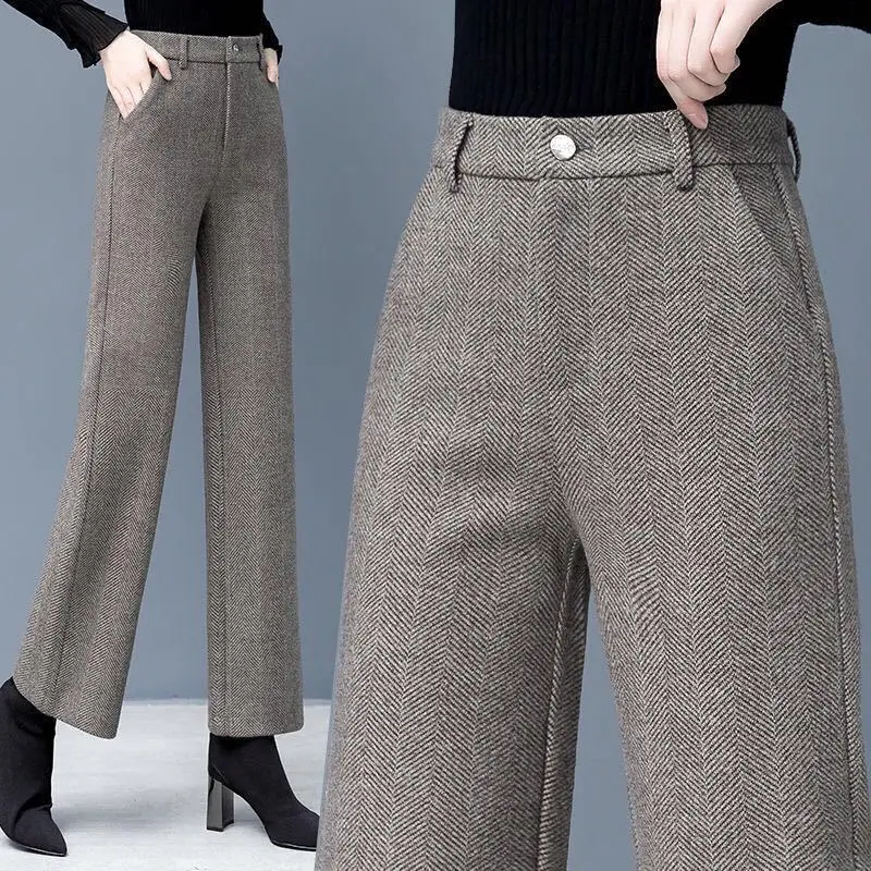 Women's Woolen Suit Pants Thick Warm Autumn Winter OL Office Lady Harem Pants High Waist Loose Wide Leg Straight Casual Trousers