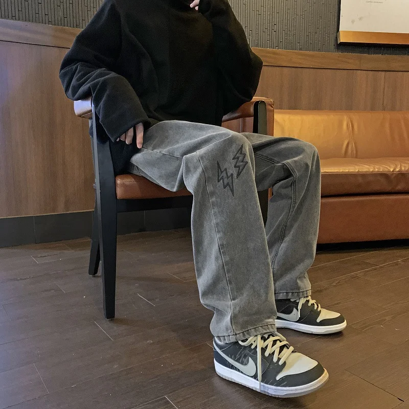 DEEPTOWN Embroidered Loose Jeans Men Straight Casual Denim Pants Gray Trousers Male Streetwear Vintage Hip Hop Korean Fashion