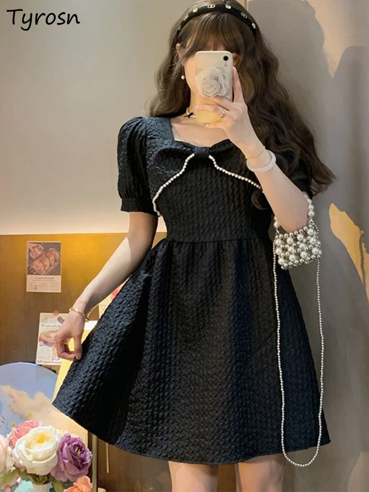

Dresses Women Sweet Design Folds Temperament Fashion Tender Mini Vestidos Korean Style Ladies Casual Puff Sleeve Simple Summer