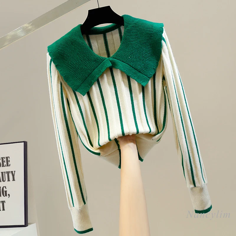 

Spring Stripe Sweater for Women Fashion Color Contrast Stitch Sweet Doll Large Lapel Vertical Striped Pullover All-Matching Tops