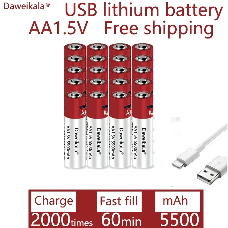 Перезаряжаемая батарея AA 1 5 в 5500 мАч USB перезаряжаемая литий-полимерная для