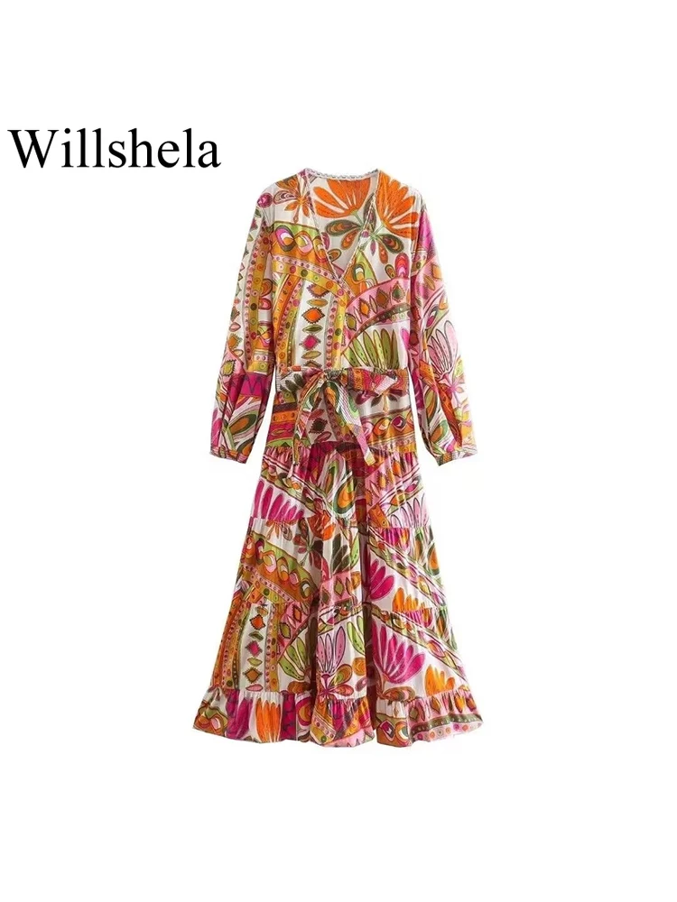 

Willshela Women Fashion With Belt Floral Printed Midi Dress Vintage V-Neck Long Sleeves Female Chic Lady Dresses