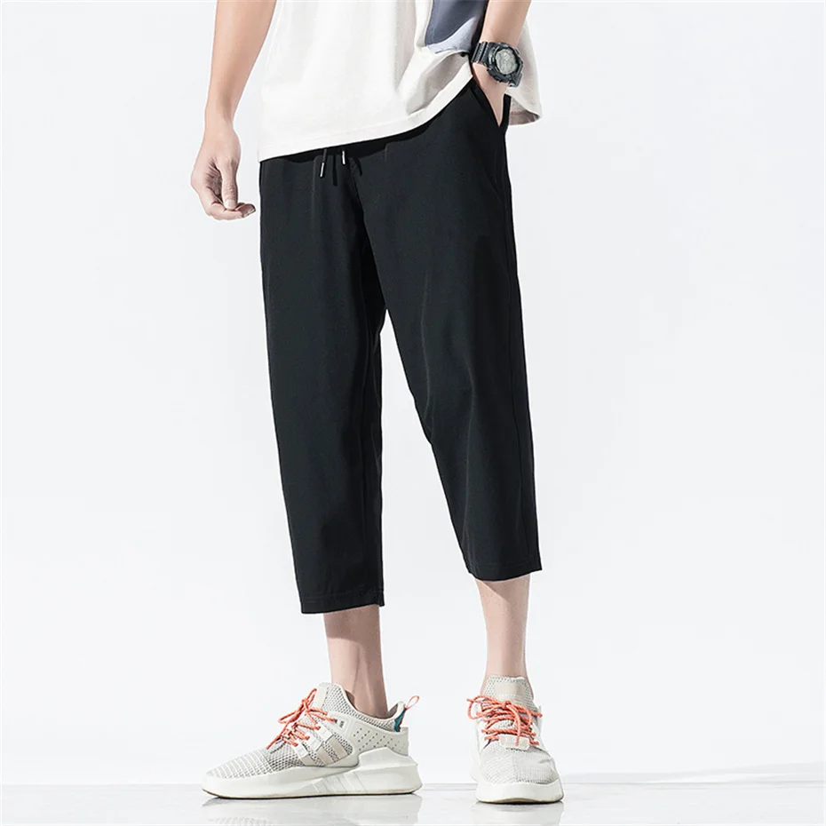 

Calf-length Men Black Stretch Fashion Casual Solid Color Summer Thin Pants Male