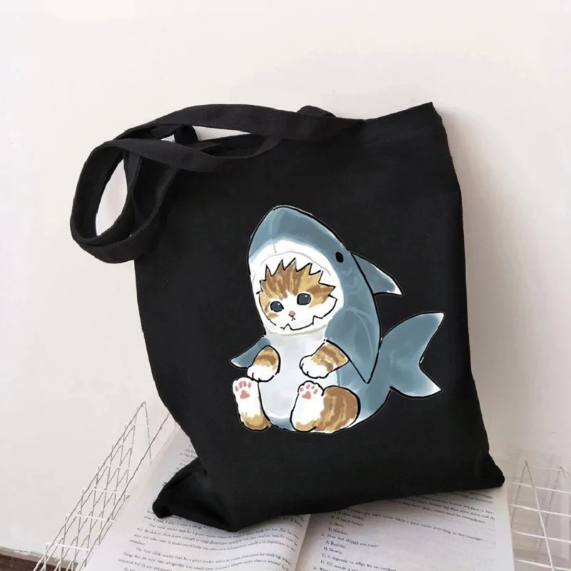 

Сумка для покупок с кошкой и акулой, сумка для покупок из джута, многоразовая сумка для покупок