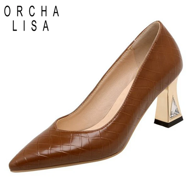 

ORCHALISA 2022 Lady Pumps Pointed Toe Chunky Heels Slip-on Gingham Large Size 32-43 Solid Black Green Apricot Spring Party S2906