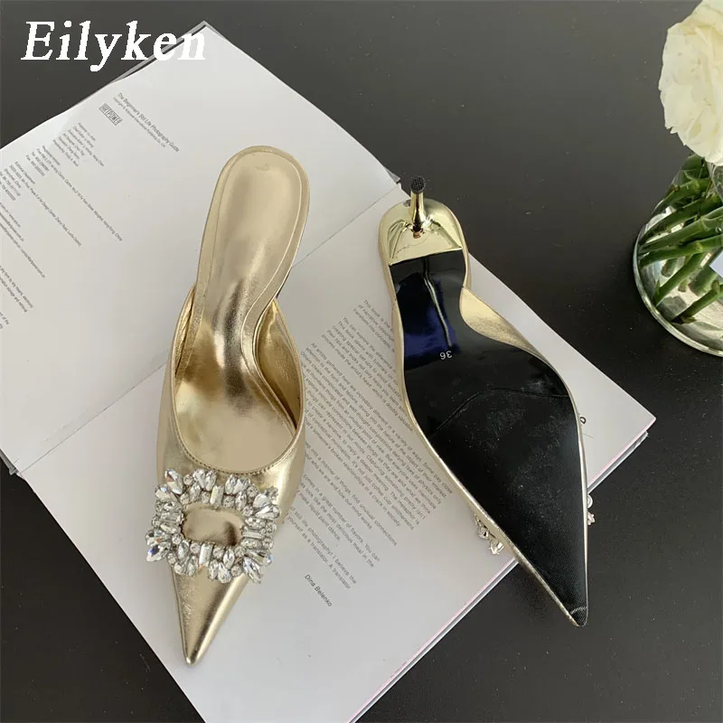 

Eilyken 2023 Spring Gold Silver Fashion Women Slipper Crystal Buckle Pointed Toe Slip On Ladies Mules Thin High Heel Pumps