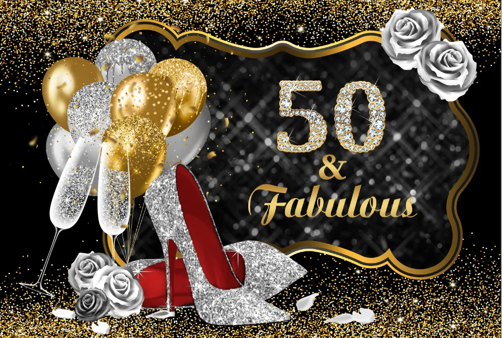 

7x5FT Glitter Gold Black Happy 50th Fabulous 50 Fifty Birthday Celebration Custom Photo Backdrop Background Vinyl 220cm x 150cm