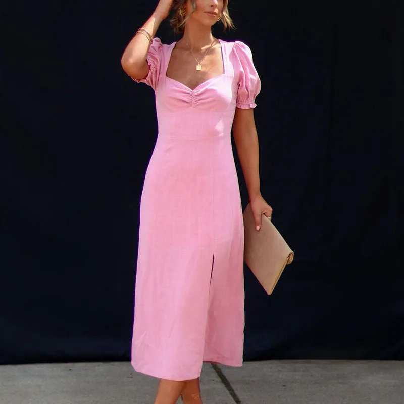 

Women's Long Dress Summer New European and American V-neck Pleated Temperament Bubble Sleeve Dress Women