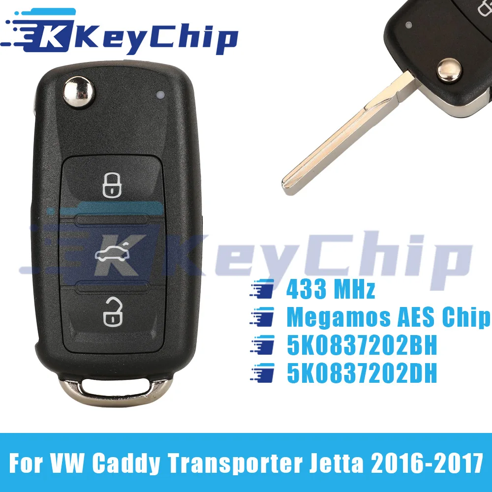 

KeyChip Pro для VW Caddy Transporter Jetta 2016-2017, 3-кнопочный выкидной ключ, 433 МГц, Megamos AES, 5K0837202BH, 5K0837202DH