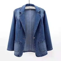 spring denim suit jacket femme long sleeve one button vintage autumn jeans blazer women outerwear cardigan clothing