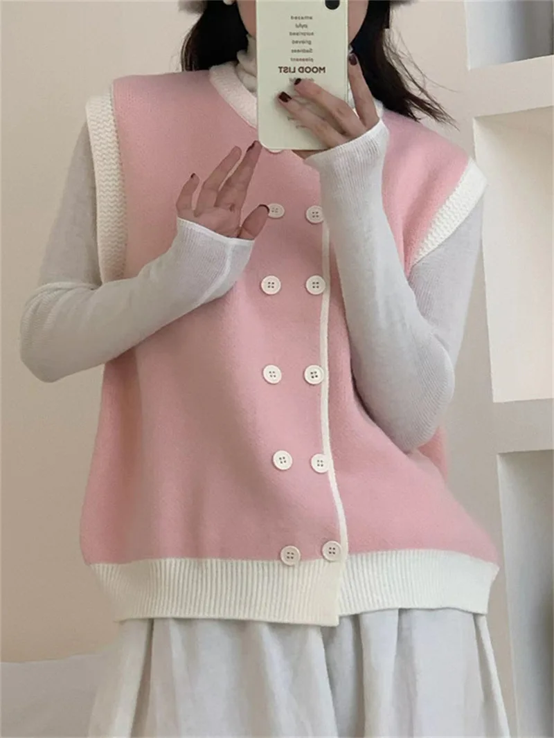 

pink Sweater Vest cardigan Double Breasted chaleco mujer women Sleeveless Jumper Tops knitwears tops outwears womens clothing