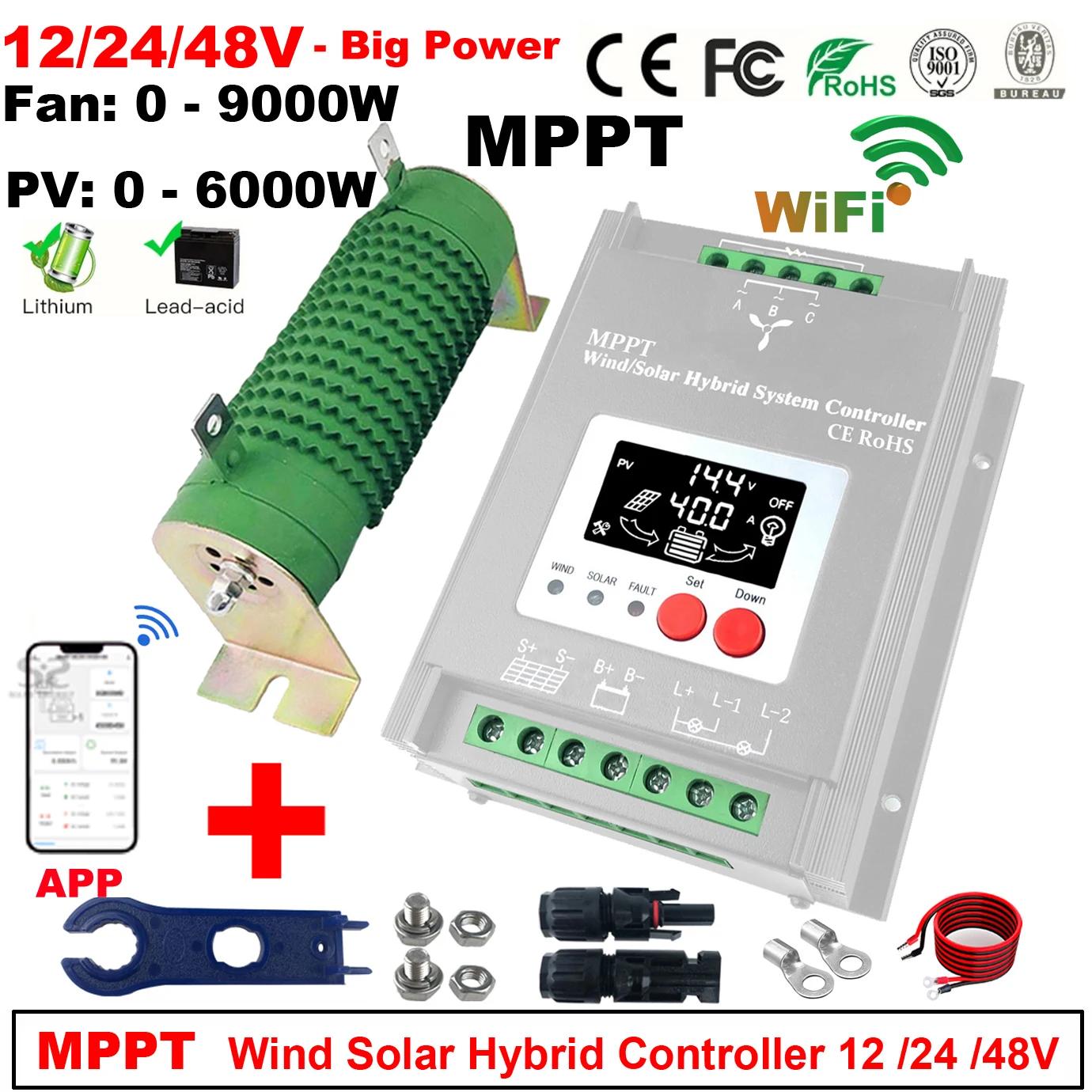 

Гибридный контроллер Заряда MPPT, 6000 Вт, 12 В, 24 В, 48 В, ветрогенератор, зарядное устройство с солнечной панелью, ЖК-дисплей, нагрузка на самосвал для бытовых систем