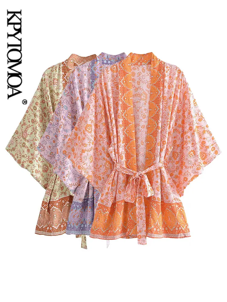 

KPYOMOA Women Fashion With Belt Floral Print Kimono Blouses Vintage Wide Sleeves Loose Female Shirts Blusas Chic Tops