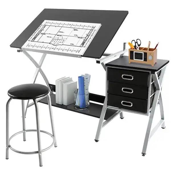 

and Adjustable Steel Drafting Table with Stool and Storage Drawers