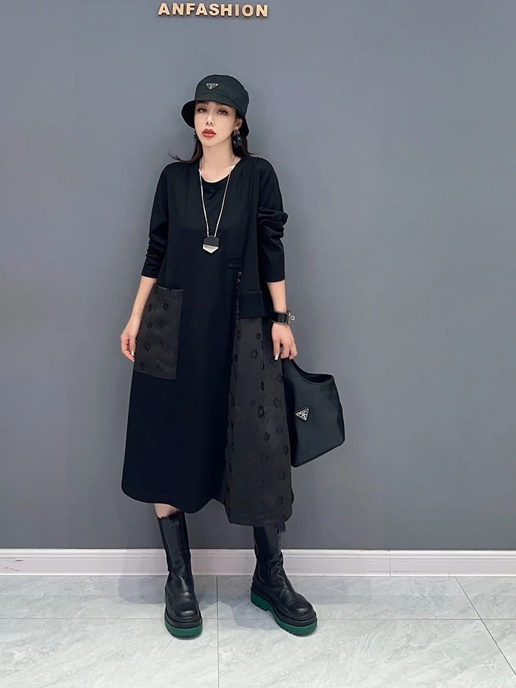 

SuperAen 2023 Autumn New Korean Stitched Floral Print Solid Color Loose Dress Women's Long Sleeve Dress