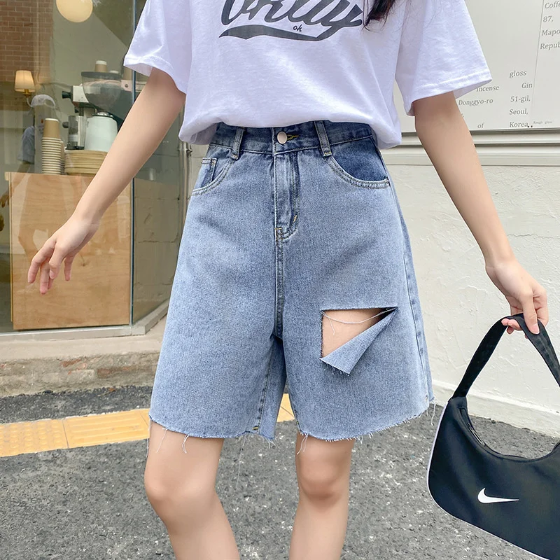 Hole Straight Jeans Women's summer Shorts korean Women's Clothes Pants Loose Cotton Blend Vintage Shorts