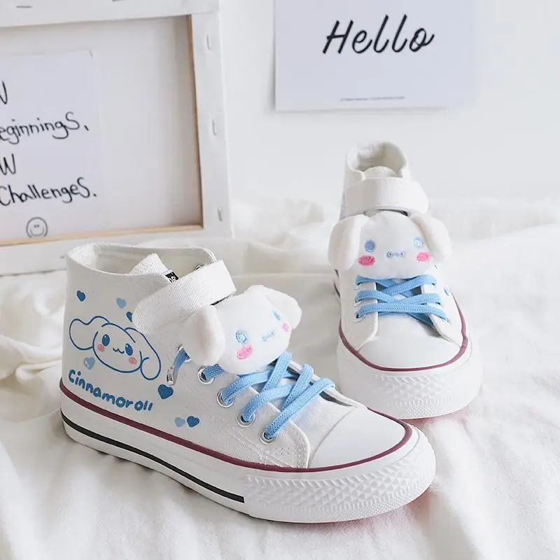 

Kawaii Sanrio Cinnamoroll Canvas Shoes Anime High-Top Plush Doll Magic Tape Tie Flat Base Student New Cartoon Sneakers Girl Gift