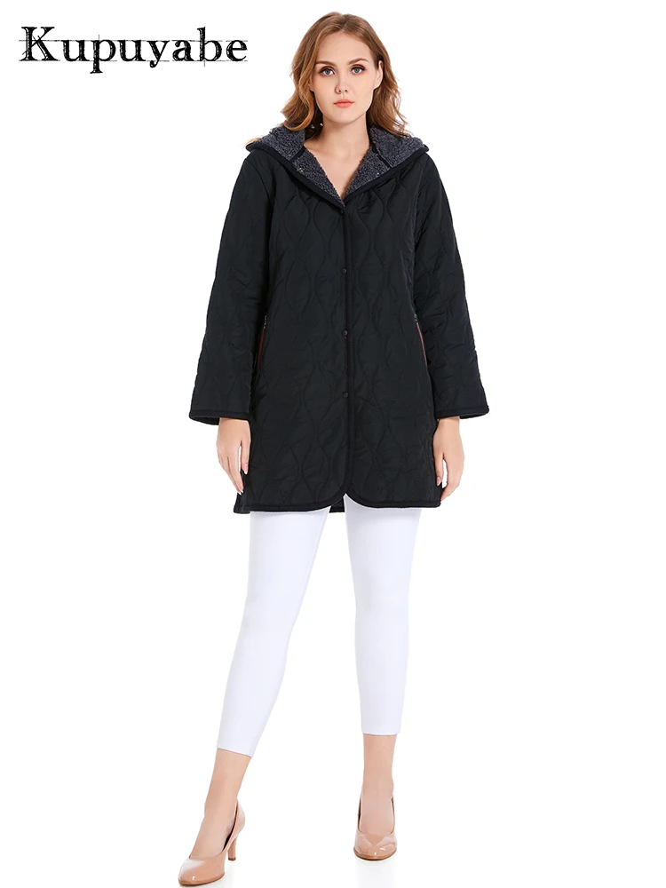 KUPUYABE Women's Plus Size Winter Padded Jacket Woolly Lining Cotton Padded Jacket Thick Warmth and Windproof Hooded Coat