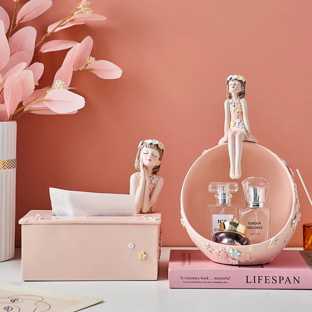 

Resin Creative Tissue Box Pink Flower Girl Tissue Box Desktop Candy Nut Storage Girls Room Decoration Accessories Tissue Holder