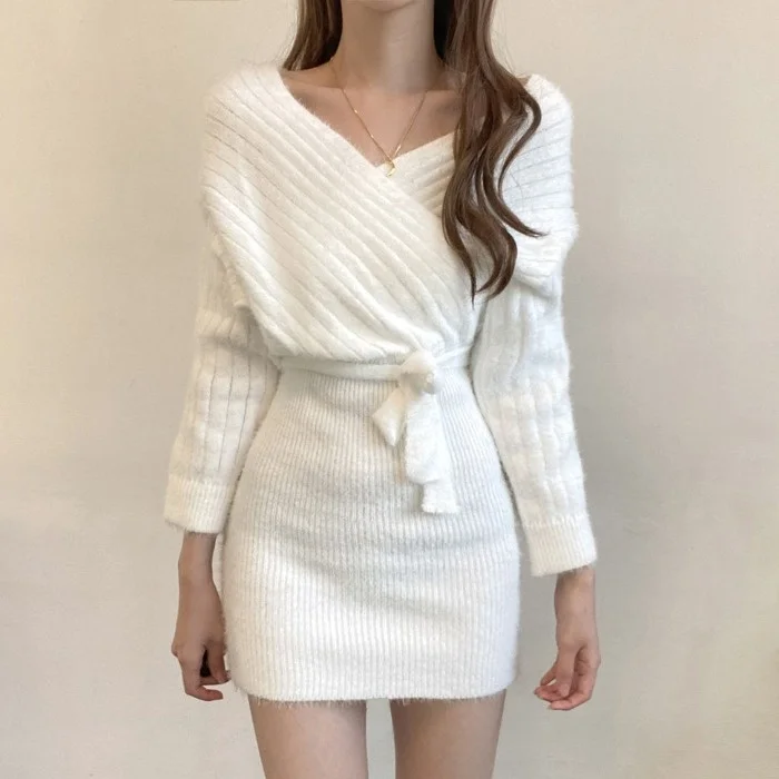 

Женское платье, корейское шикарное зимнее французское платье-свитер с V-образным вырезом и завязкой на талии, маленькая юбка на бедрах, женс...