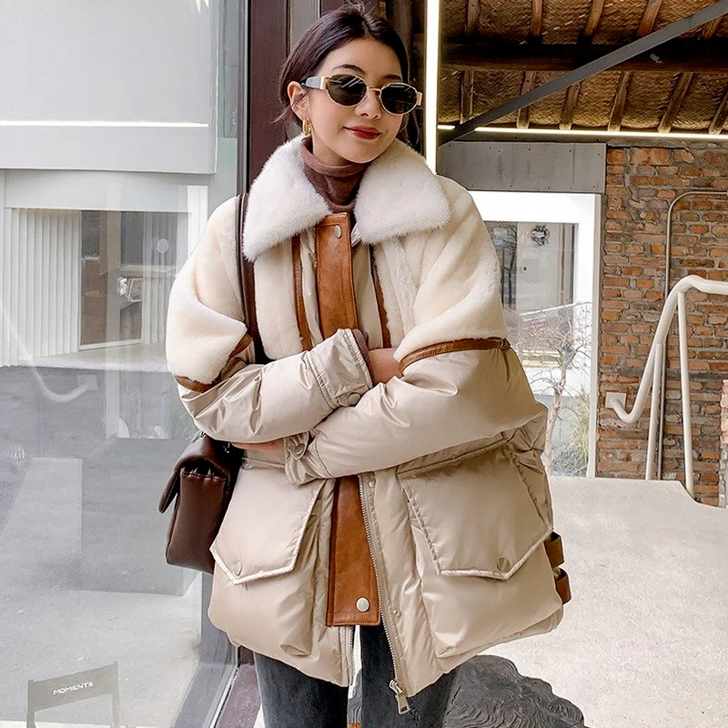 

2023 New Down Jacket Women Patchwork Double-faced Fur Mink Fur artificial Collar Mid-Length Parka White Duck Down Casual Coats