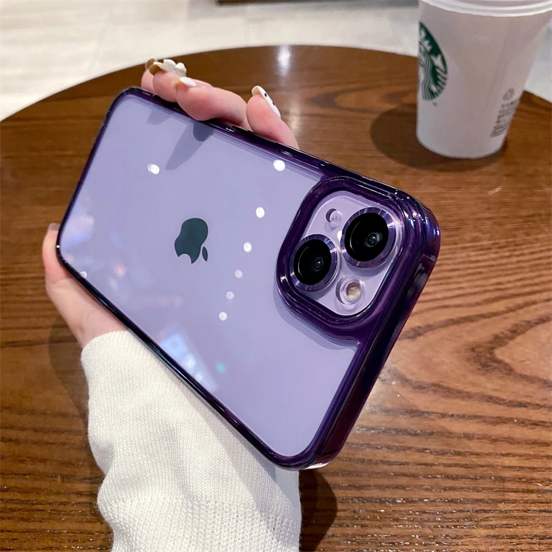 

Luxury Plating Transparent Acrylic Shockproof Case For iPhone 14 13 12 11 Pro Max Metal Camera Lens Protect TPU Silicone Cover