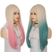 girls long straight synthetic lolita wig womens ombre pinkgreen cosplay party wigs with bangs natural heat resistant fiber