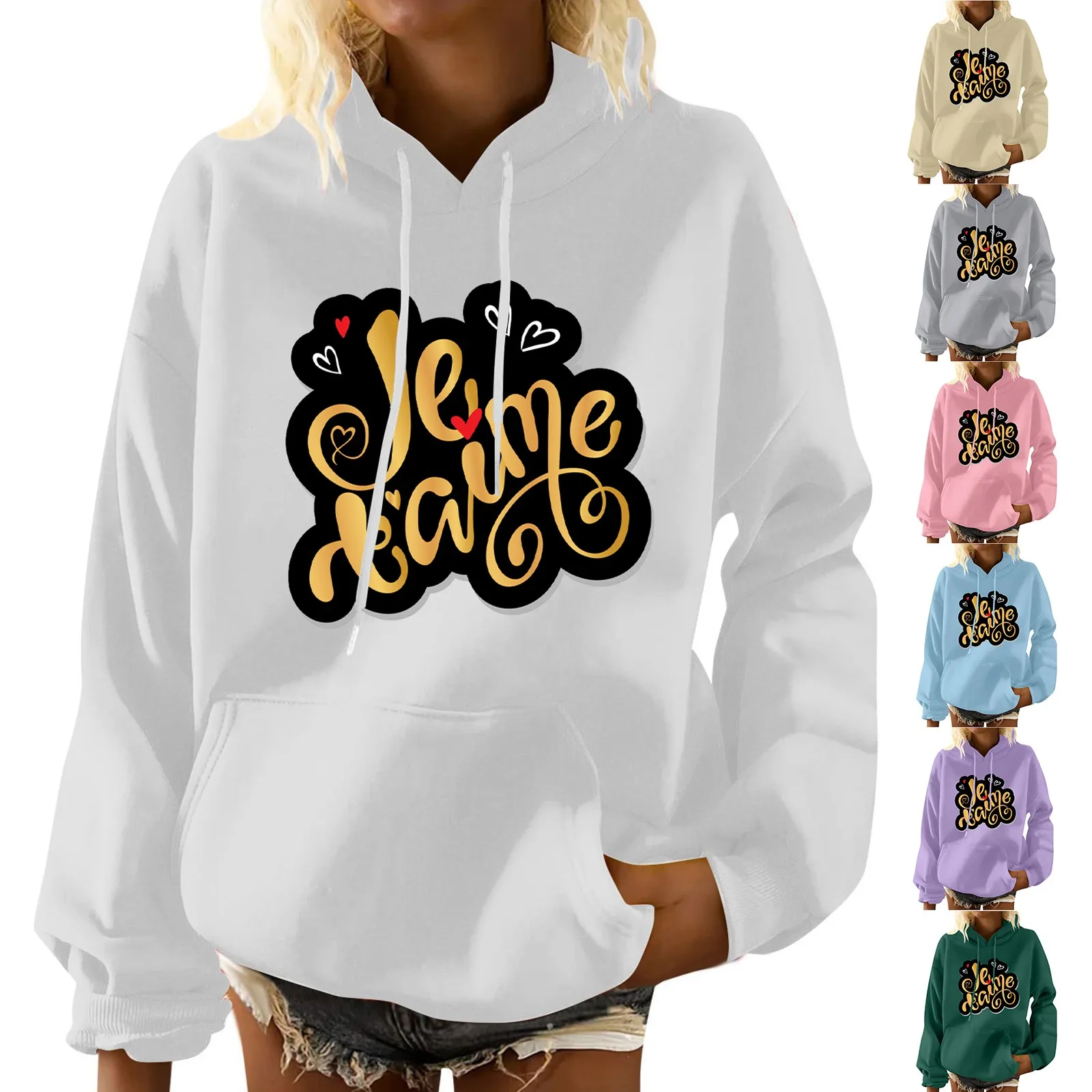 

Women's Valentine's Day Letter Print Long Sleeve Casual Solid Pullover Sweatshirt Loose Women's Hooded Sweatshirt Pullover