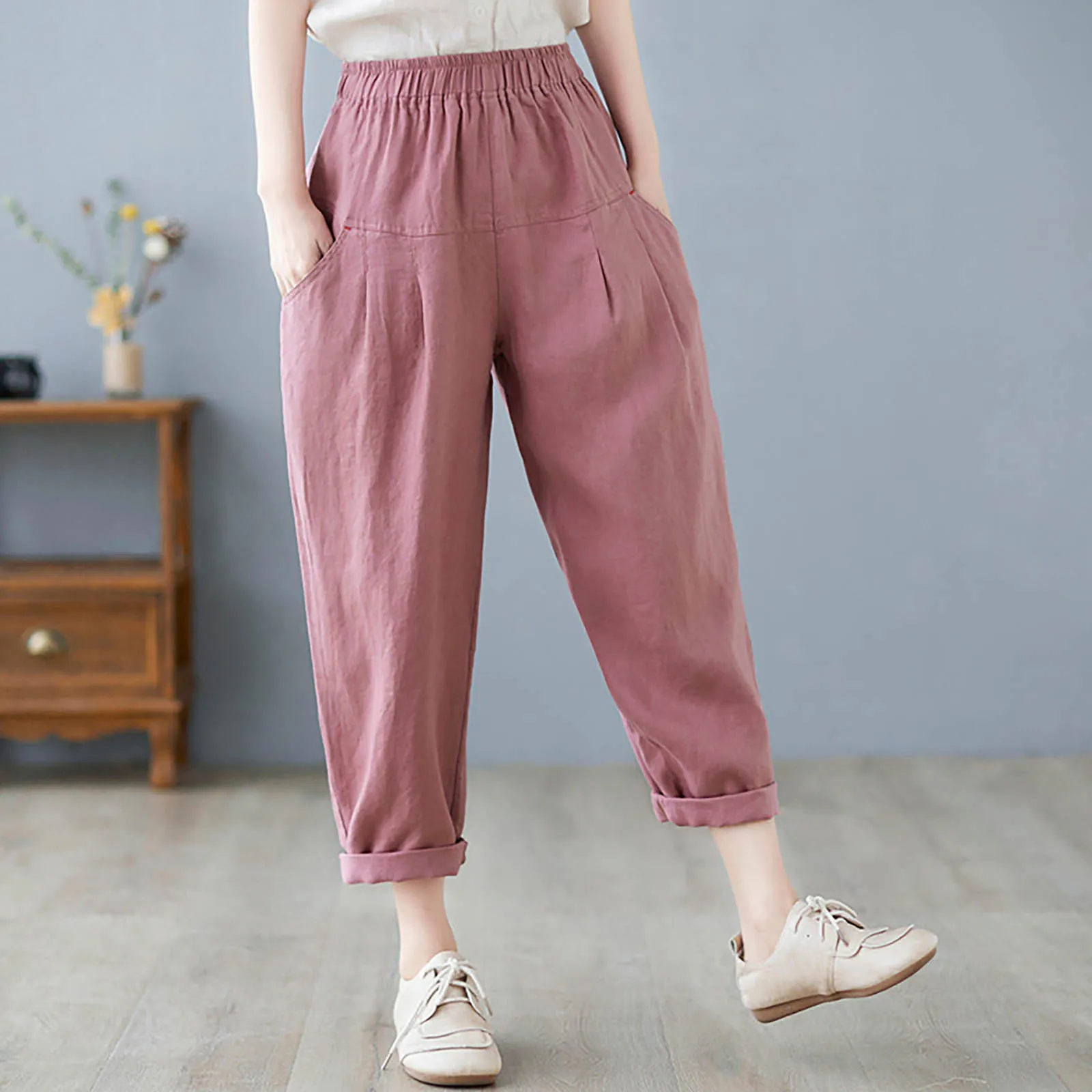 

2023 Y2k Korean Streetwear Ladies Solid Color Thin Pants Elastic Waist Harem Loose Ankle-Lenth Casual Pants