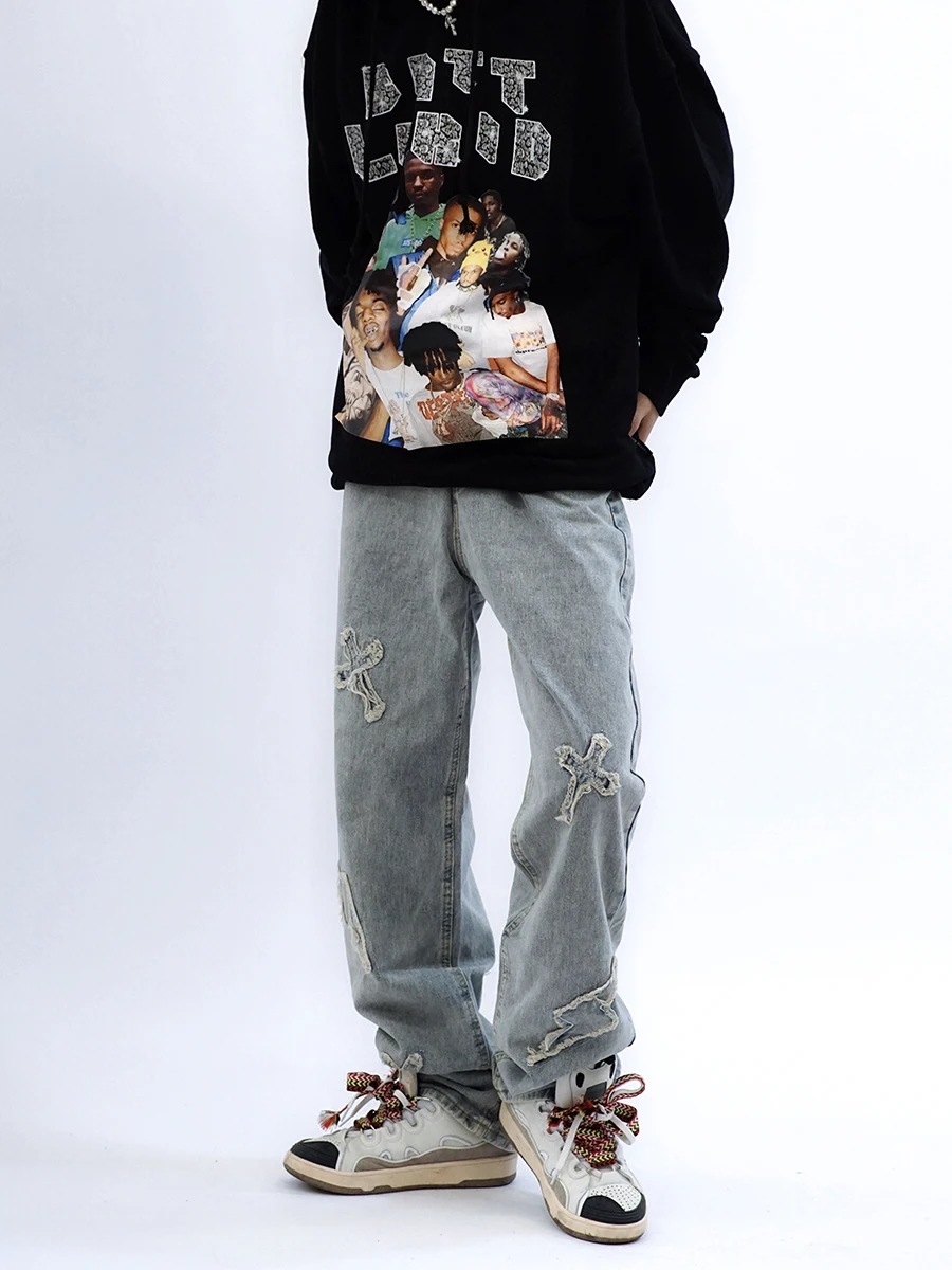 European Men's Jeans Unisex Wide Leg Denim Trousers Loose Straight Men's Jeans Beautiful Men's Jeans Boys Casual Loose Hip Hop