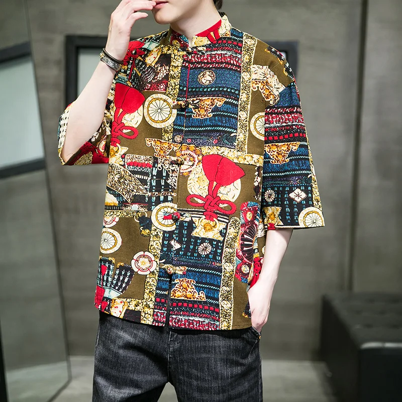 Летний топ с вышивкой и принтом Мужские Винтажные льняные рубашки в традиционном