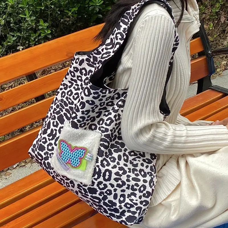 

HAEX Leopard Print Tote Bag Femme Fashion Patchwork Floral Casual Shoulder Bag Large Capacity Korean Style Commute Bolso Mujer