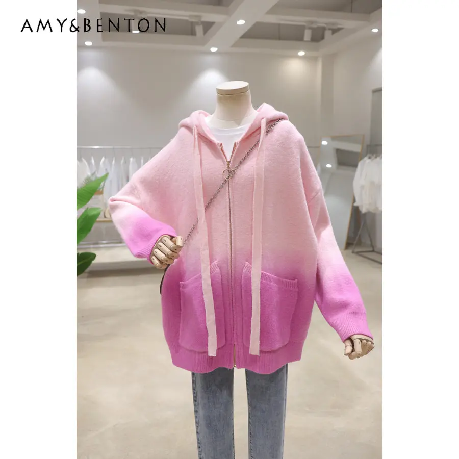 

Thick Gradient Color Sweater Coats Autumn and Winter Loose Slimming Thickened Warm Cardigan Zipper Hooded Sweater Coat Women